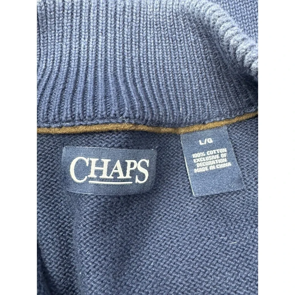 Chaps Sweater Vest Men's Large Full Zip Navy Microsuede Trim Pockets Cotton M1